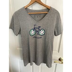 Life Is Good Gray Crusher Tee VNeck Bicycle Daisies, Womens Medium